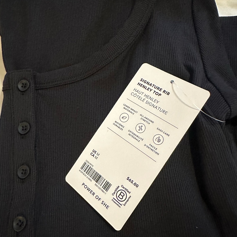 NWT Athleta Black Signature Rib Henley Top
